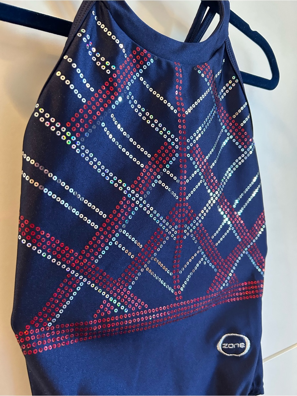 Zone Navy Leotard with Red & Silver Geometric Sequins - Adult Small - Picture 4 of 8